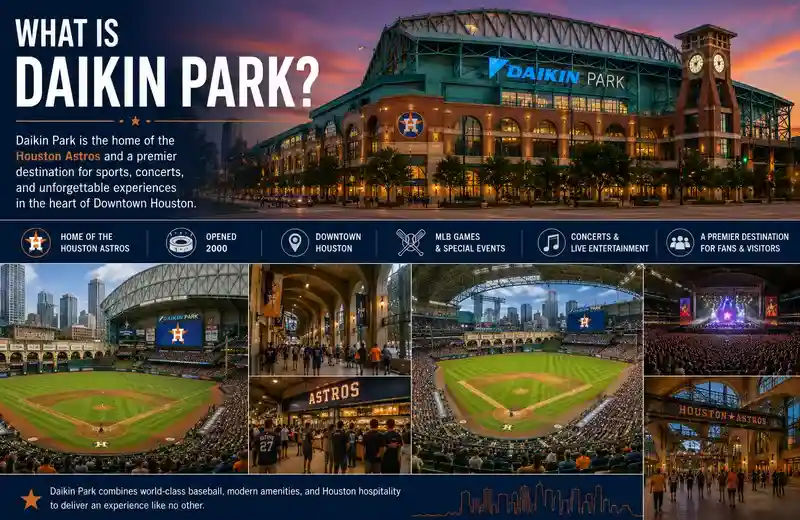 Daikin Park in downtown Houston featuring Houston Astros baseball games, modern stadium architecture, illuminated concourses, large crowds, concert events, retractable roof views, and skyline scenery during a vibrant evening atmosphere.